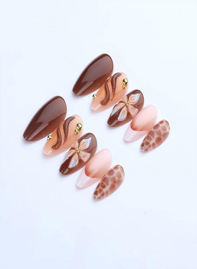 SINHOT Press on Nails - Medium Almond Fake Nails, Glossy Finish, 3D Flower & Brown Swirl, DIY Artificial False Nail Art - 24 Pcs Nail Kit with Glue - Image 2